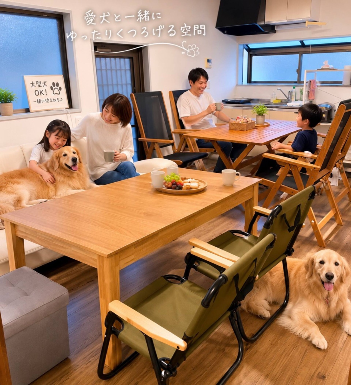 Family and dogs at the dining table