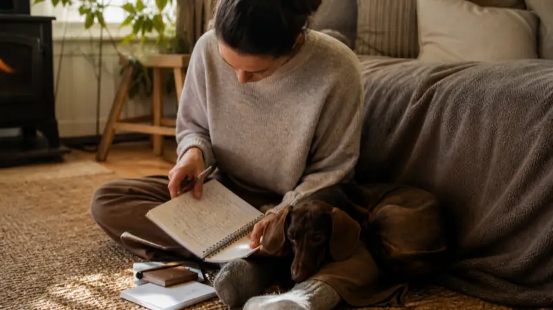 室内でチェックリストを見ながら犬とくつろぐ人のイメージ