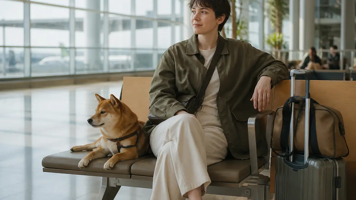 空港の到着ロビーでくつろぐ犬と旅行者のイメージ