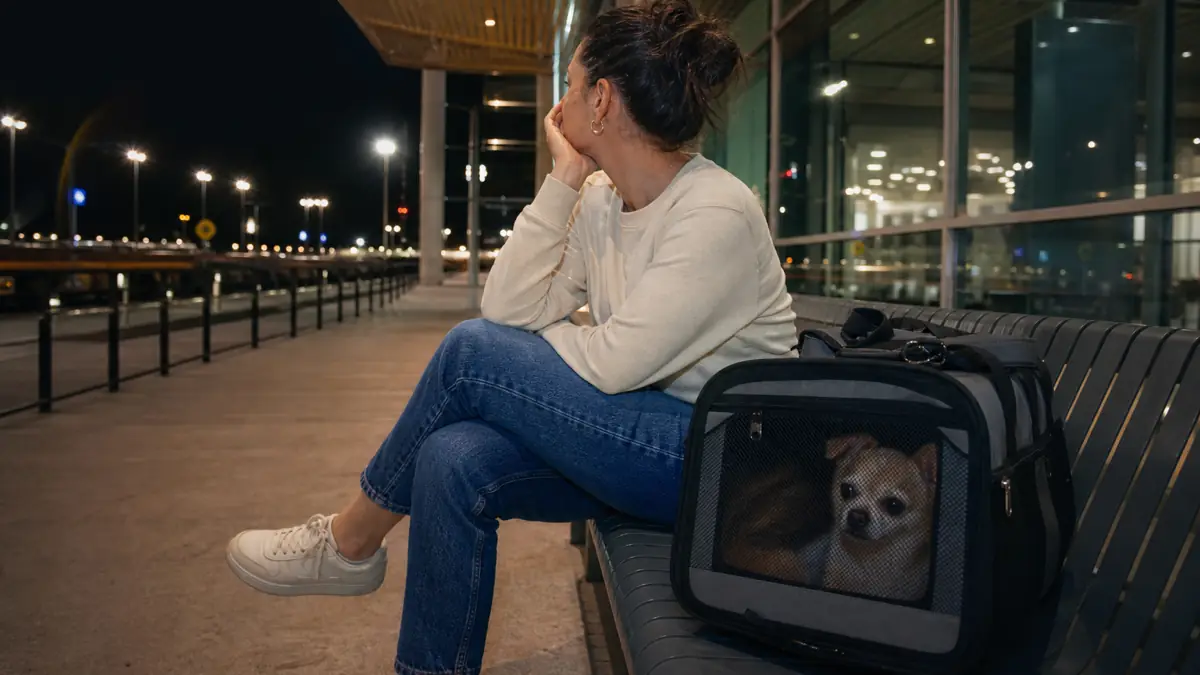 夜の成田空港ターミナル前でキャリーバッグの犬と過ごす女性のイメージ