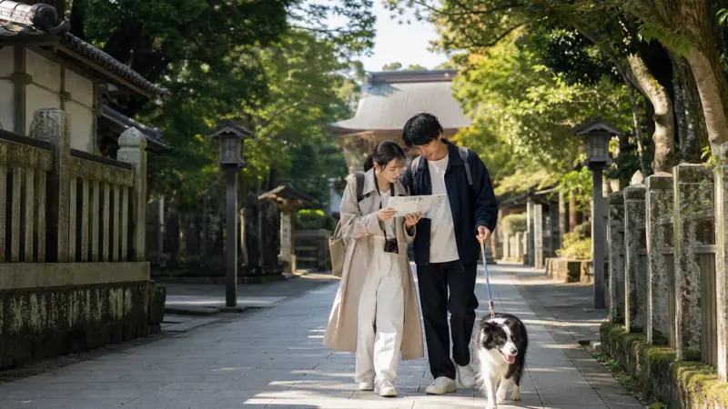 地図を見ながら成田山参道を犬と歩くカップルのイメージ