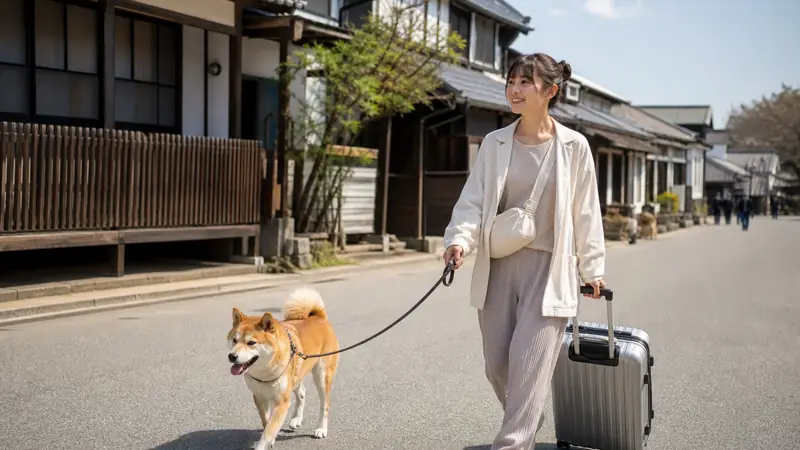 スーツケースを引きながら成田の街を犬と旅する女性のイメージ